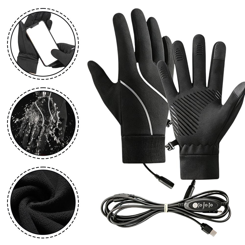 Heated Gloves Electric - ถุงมือทำความร้อนแบบชาร์จไฟได้ บุขนแกะให้ความอบอุ่นสำหรับฤดูหนาว รองรับการใช้งานหน้าจอสัมผัส กันลม ทนความเย็น เหมาะสำหรับปั่นจักรยาน