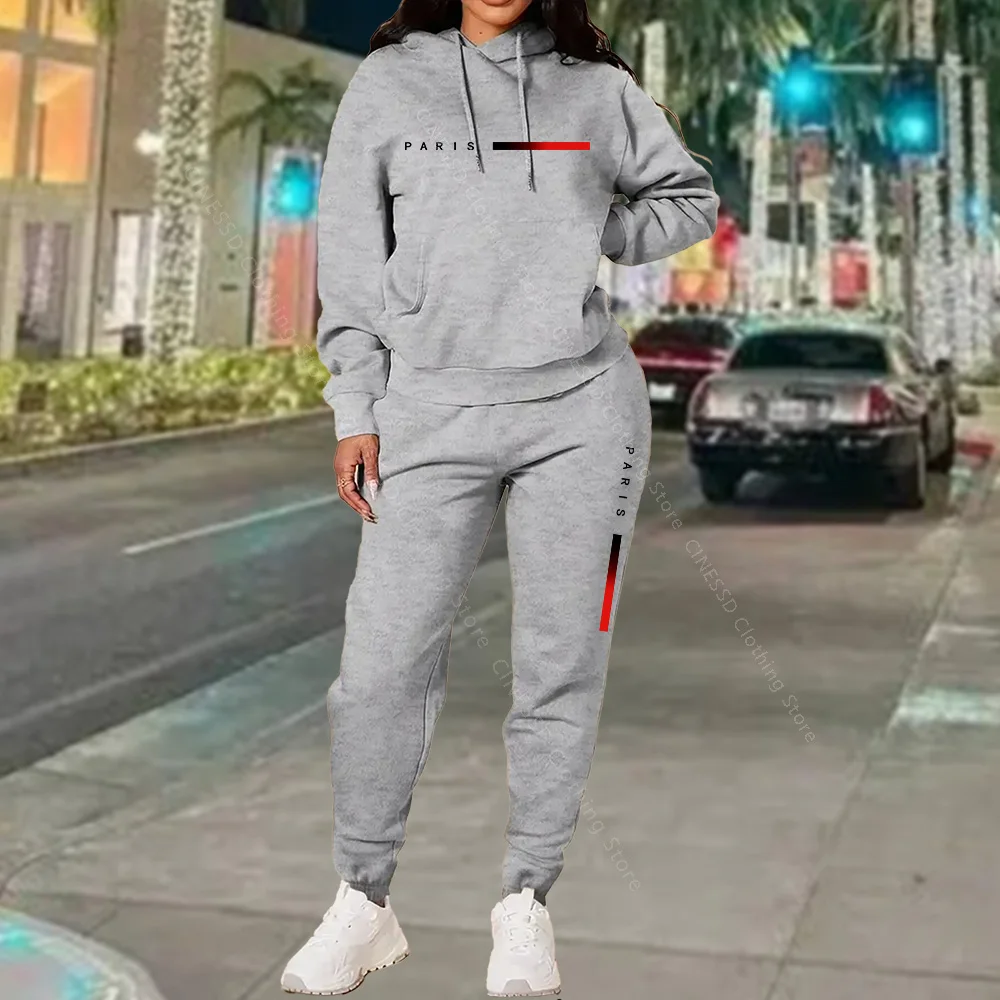 Winter Clothing For Women - ชุดเซ็ตใหม่สำหรับผู้หญิง เสื้อฮู้ดและกางเกง พิมพ์ลายตัวอักษร PARIS ชุดกีฬาคุณภาพสูง สำหรับฤดูใบไม้ผลิและฤดูใบไม้ร่วง